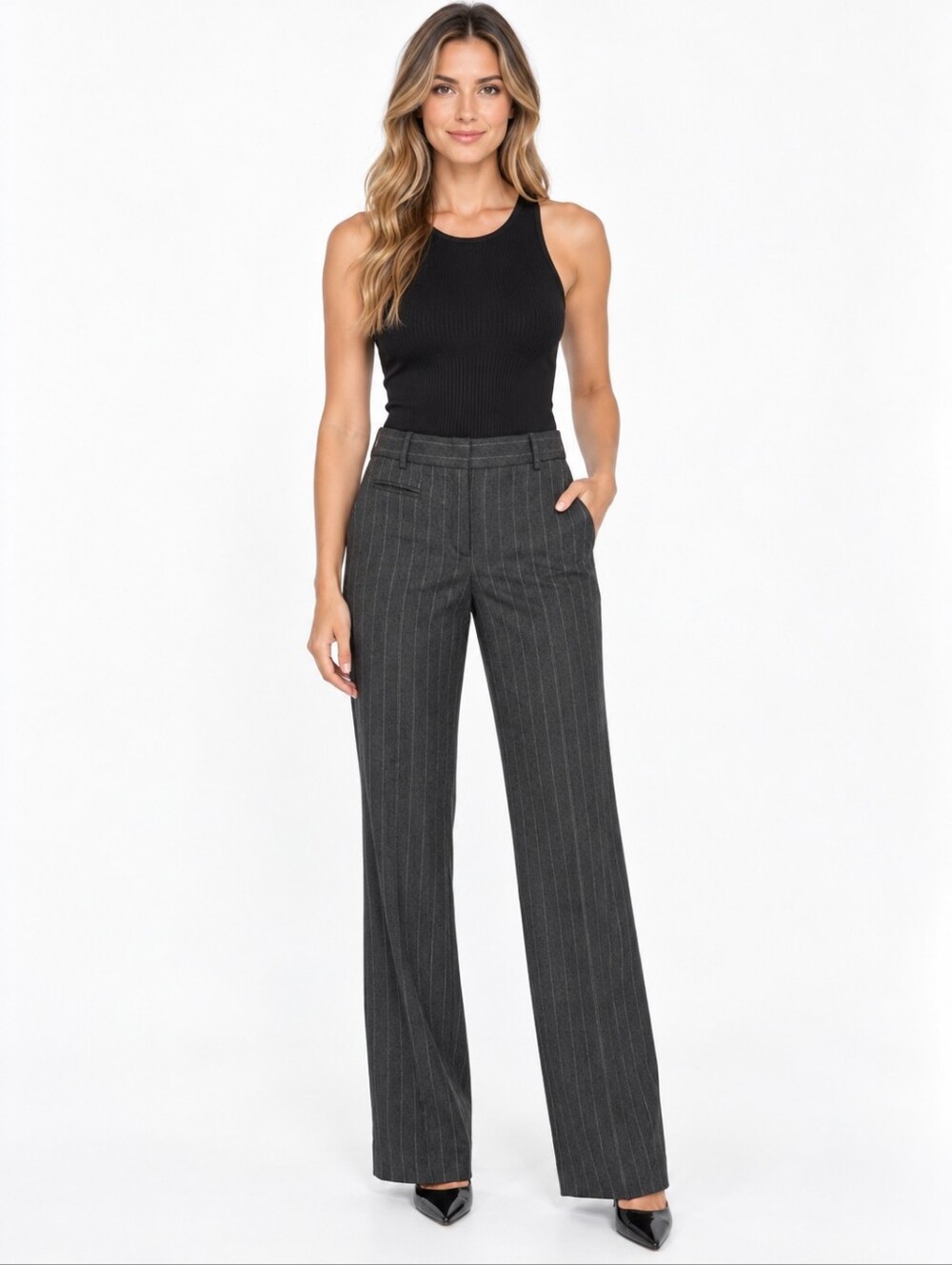 BCBGMAXAZRIA Camilla Pinstripe Wide Leg Trouser Pants Gray Size 6 Y2K